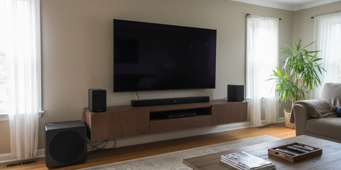 Wall-mounted flat-screen TV above a floating walnut media console with a soundbar, bookshelf speakers, and subwoofer in a naturally lit living room.