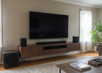 Wall-mounted flat-screen TV above a floating walnut media console with a soundbar, bookshelf speakers, and subwoofer in a naturally lit living room.