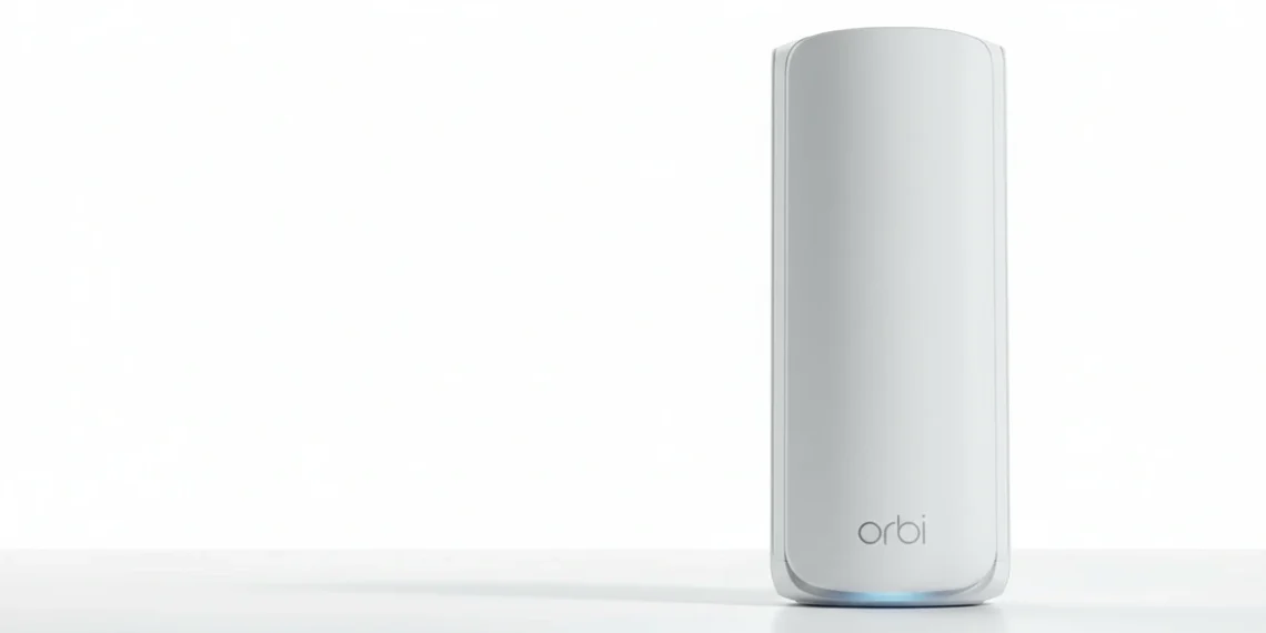 White Netgear Orbi mesh router unit standing on a white surface against a bright white studio background.