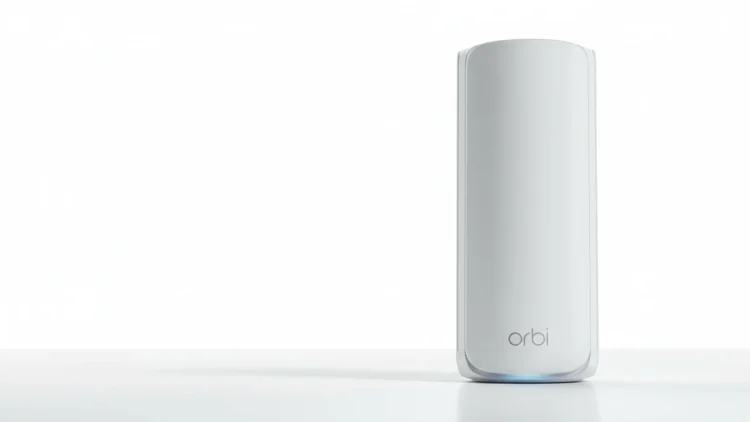 White Netgear Orbi mesh router unit standing on a white surface against a bright white studio background.