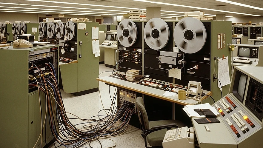 Vintage server room featuring a massive tangle of cables connecting a mainframe to a workstation, symbolizing outdated technology and hardware bottlenecks.