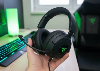 Hand holding a black Razer Kraken gaming headset with extended microphone and glowing RGB earcups against a bright gaming desk setup with green LED lighting.