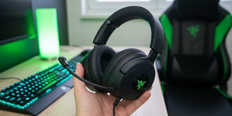 Hand holding a black Razer Kraken gaming headset with extended microphone and glowing RGB earcups against a bright gaming desk setup with green LED lighting.