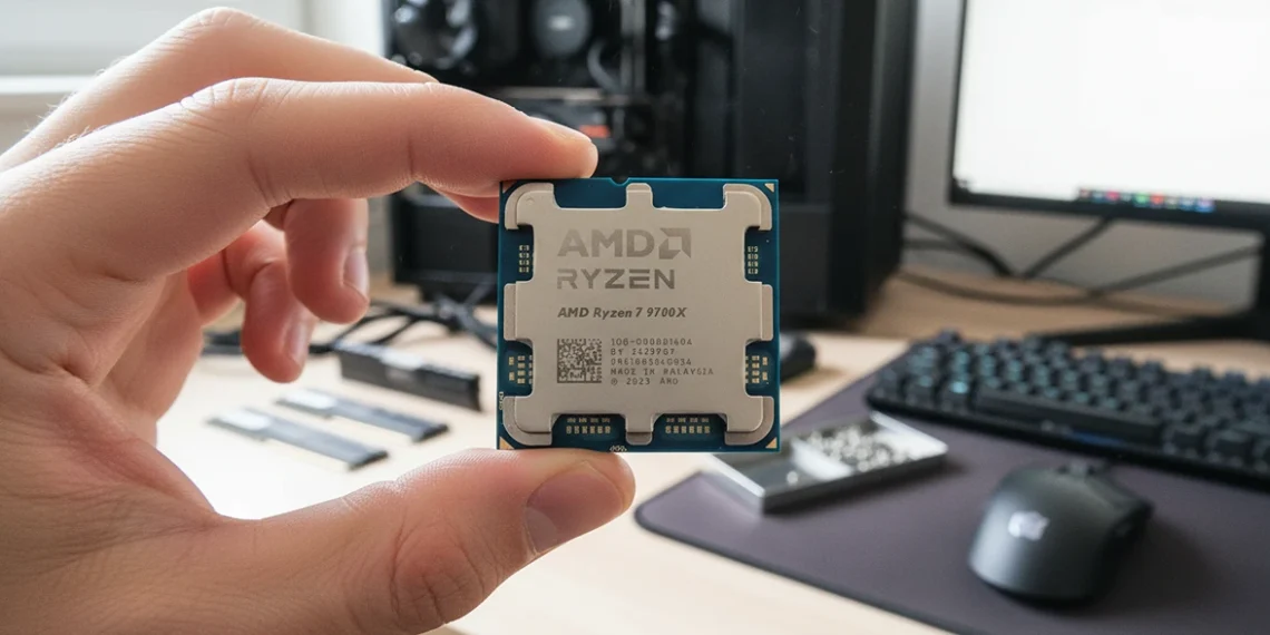 A human hand holds an AMD Ryzen 7 9700X processor close to the lens in a realistic home office.