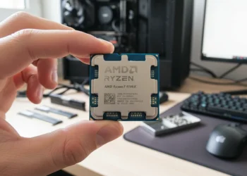 A human hand holds an AMD Ryzen 7 9700X processor close to the lens in a realistic home office.