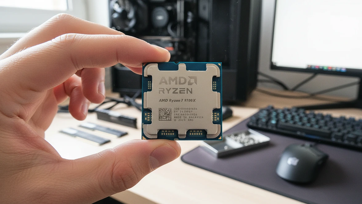 A human hand holds an AMD Ryzen 7 9700X processor close to the lens in a realistic home office.