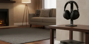 Black Sony noise canceling headphones on a stand atop a wooden side table in a warm living room