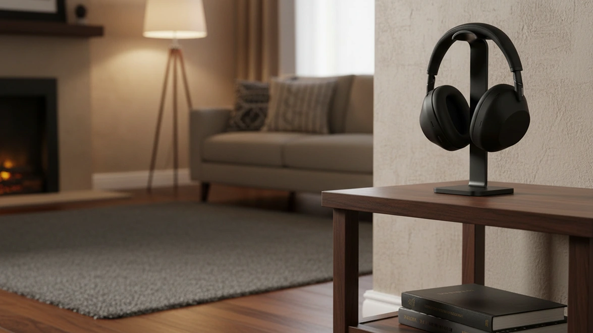 Black Sony wireless headphones on a minimalist stand atop a wooden side table in a warm living room.