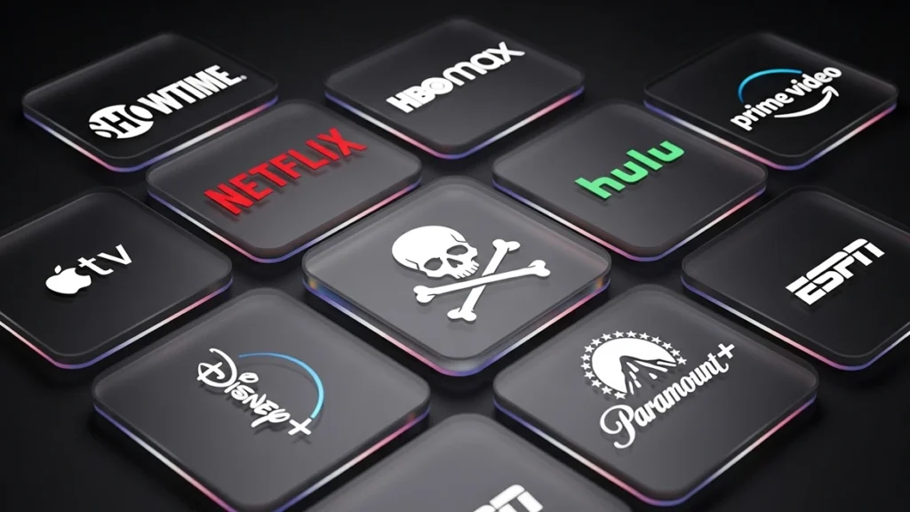 3D collage of translucent streaming logos with a ghostly central skull and movie title ribbon.