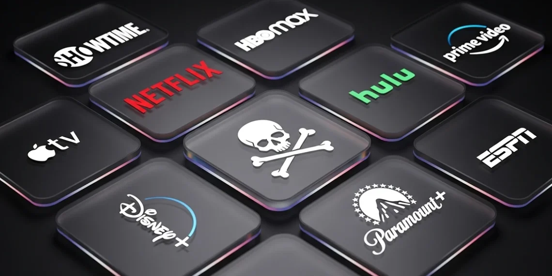 3D collage of translucent streaming logos with a ghostly central skull and movie title ribbon.