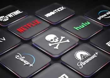 3D collage of translucent streaming logos with a ghostly central skull and movie title ribbon.