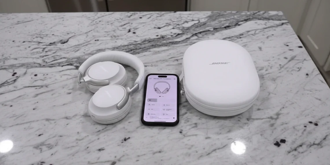 White Bose over-ear headphones resting on a marble countertop next to a smartphone displaying the Bose Music app and a white hard-shell carrying case.