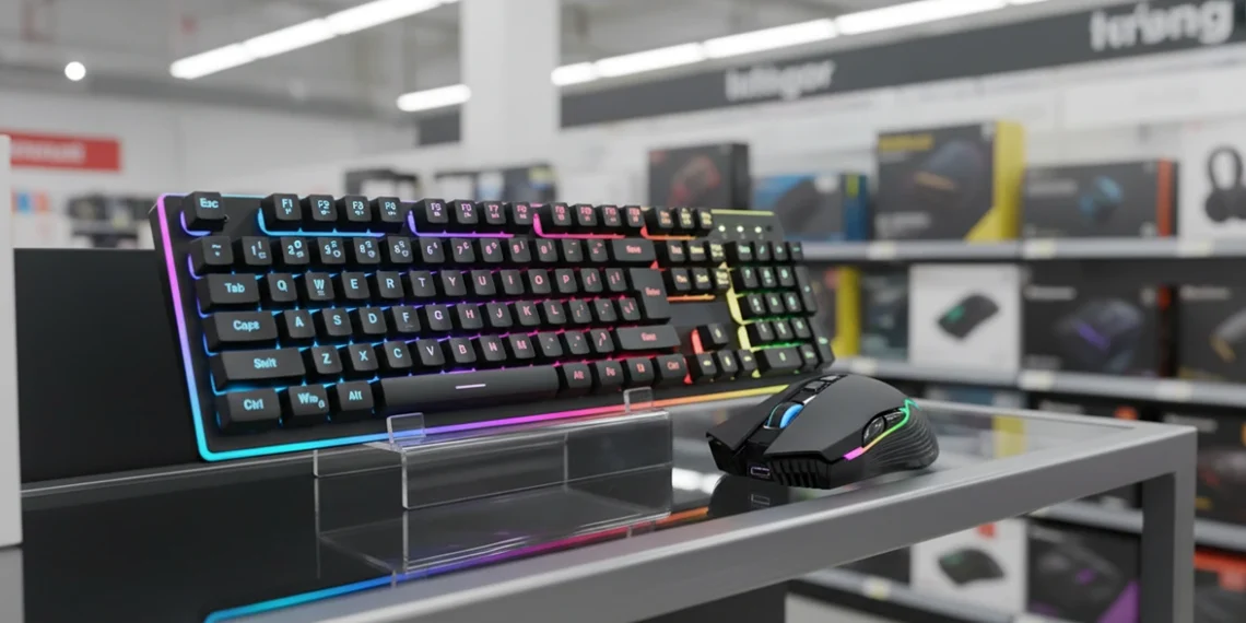 RedThunder K10 budget gaming keyboard and mouse on a store display stand.