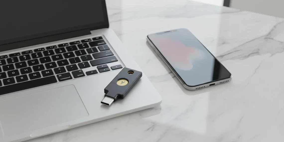 A black YubiKey 5C NFC hardware security key with a gold contact button sits on a wooden desk next to a laptop.
