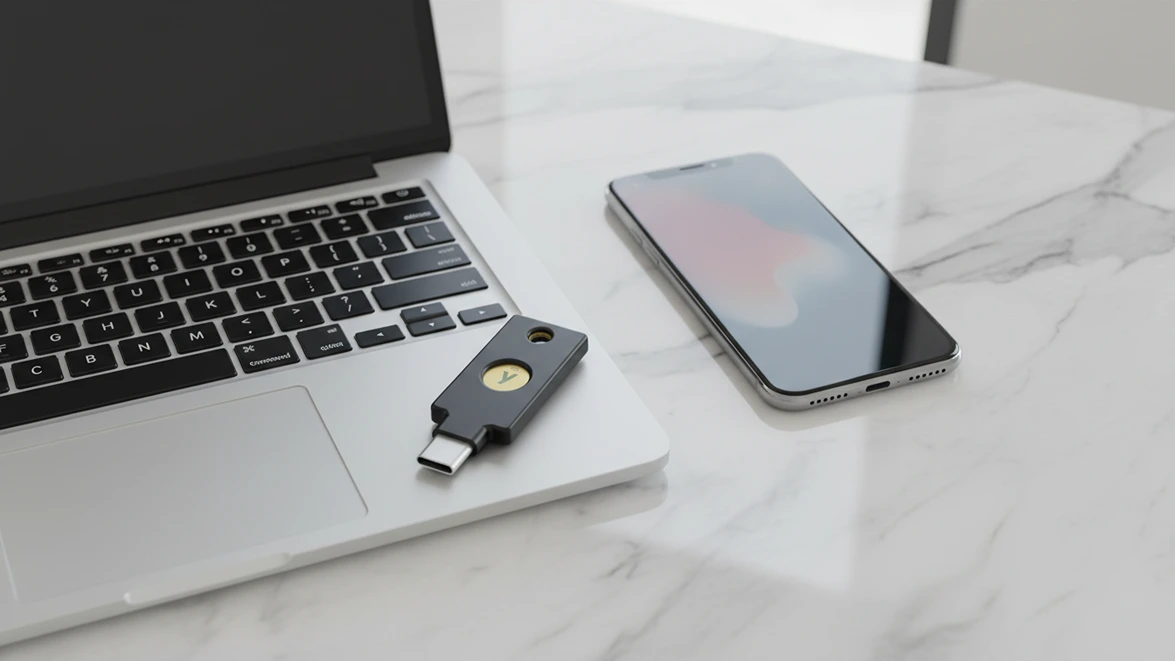 A black YubiKey 5C NFC hardware security key with a gold contact button sits on a wooden desk next to a laptop.