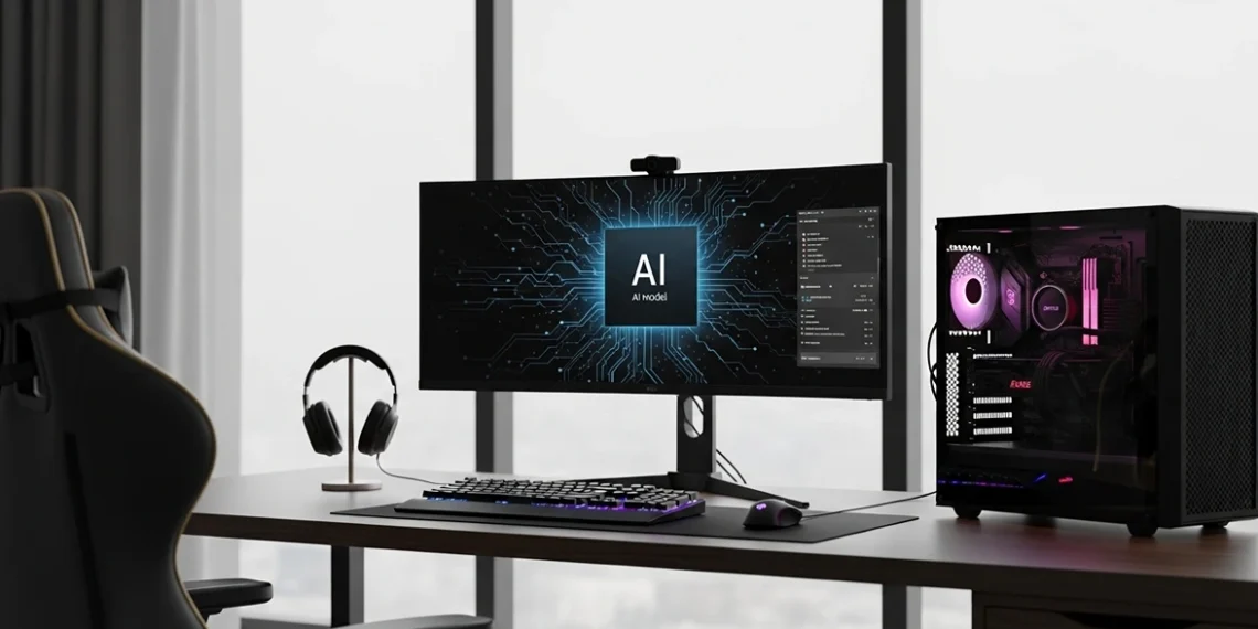 A modern black gaming PC and ultrawide monitor displaying an AI model graphic on a wooden desk.
