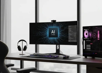 A modern black gaming PC and ultrawide monitor displaying an AI model graphic on a wooden desk.
