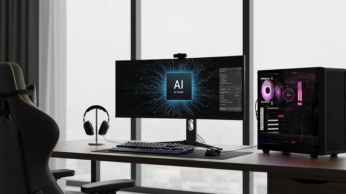A modern black gaming PC and ultrawide monitor displaying an AI model graphic on a wooden desk.