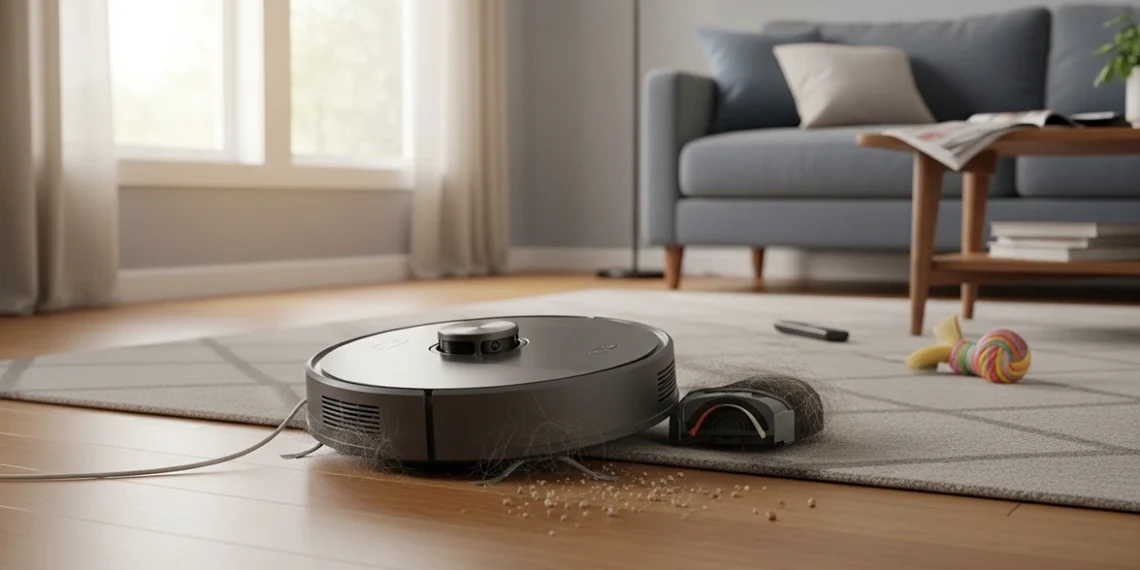 Frustrated homeowner holding a regular vacuum while a robot vacuum sits tangled on a cluttered living room floor, missing dirt patches.