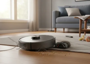 Frustrated homeowner holding a regular vacuum while a robot vacuum sits tangled on a cluttered living room floor, missing dirt patches.