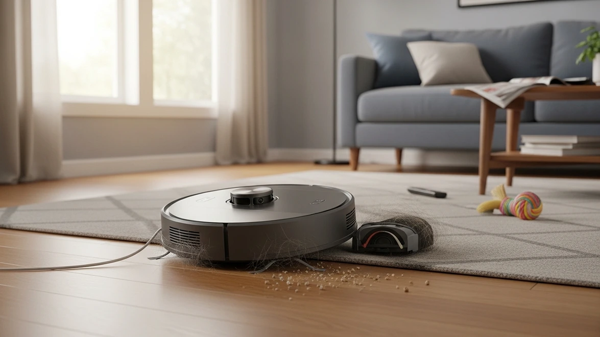 Frustrated homeowner holding a regular vacuum while a robot vacuum sits tangled on a cluttered living room floor, missing dirt patches.