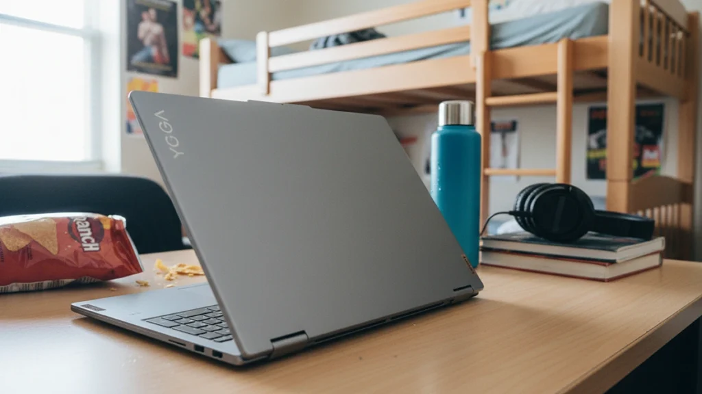 Gray Lenovo Yoga laptop on a student study desk with snacks and a water bottle.
