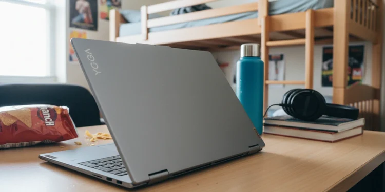 Gray Lenovo Yoga laptop on a student study desk with snacks and a water bottle.