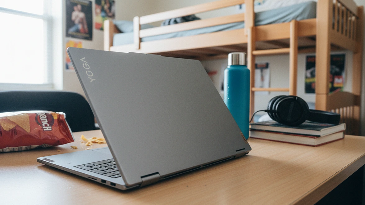 Gray Lenovo Yoga laptop on a student study desk with snacks and a water bottle.