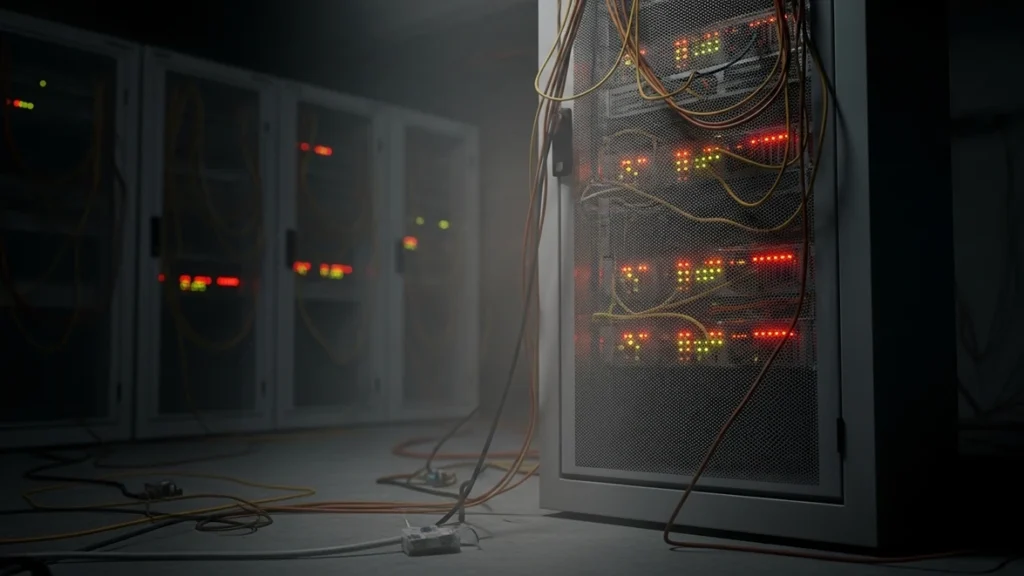 A close-up view of a server rack in a dark data center, featuring glowing red and green LED lights and tangled yellow network cables spilling onto the floor.