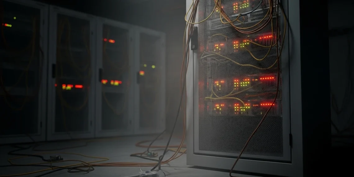 A close-up view of a server rack in a dark data center, featuring glowing red and green LED lights and tangled yellow network cables spilling onto the floor.