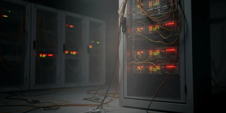 A close-up view of a server rack in a dark data center, featuring glowing red and green LED lights and tangled yellow network cables spilling onto the floor.