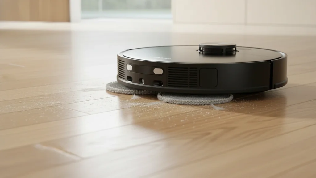 A black Dreame L50 Ultra robot vacuum and mop actively cleaning fine dust and debris off a light hardwood floor using its dual spinning mop pads.