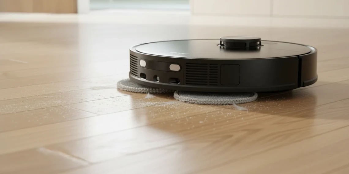 A black Dreame L50 Ultra robot vacuum and mop actively cleaning fine dust and debris off a light hardwood floor using its dual spinning mop pads.