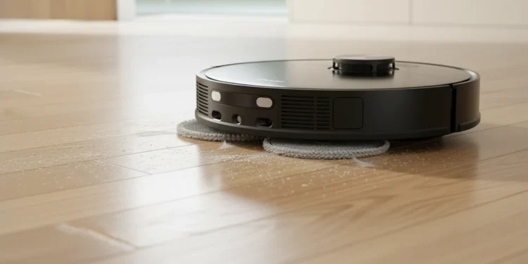 A black Dreame L50 Ultra robot vacuum and mop actively cleaning fine dust and debris off a light hardwood floor using its dual spinning mop pads.