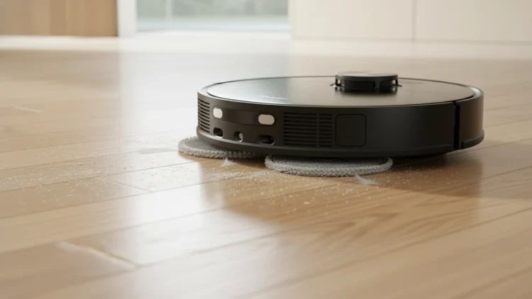 A black Dreame L50 Ultra robot vacuum and mop actively cleaning fine dust and debris off a light hardwood floor using its dual spinning mop pads.