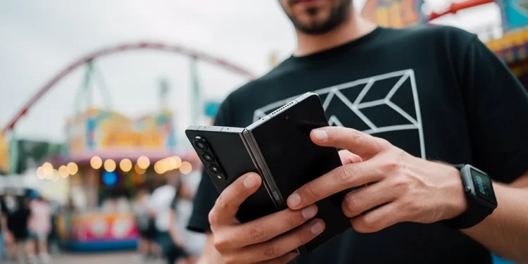 A man holds a dark grey foldable smartphone in a partially folded state at a bright amusement park.