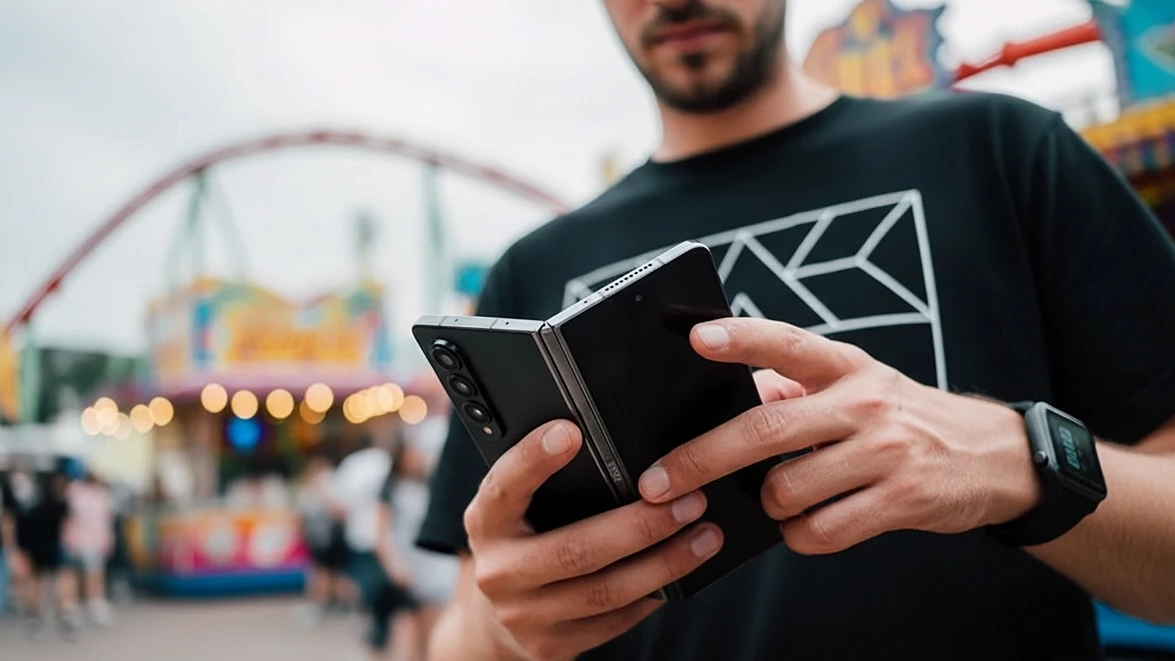 A man holds a dark grey foldable smartphone in a partially folded state at a bright amusement park.