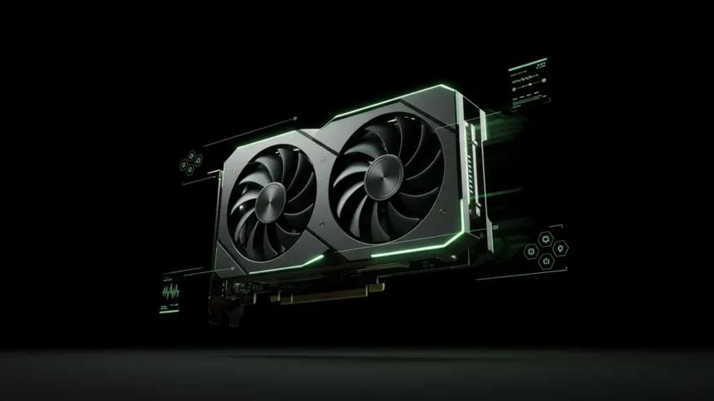 GPU floating in a dark scene with neon green holographic speed effects.