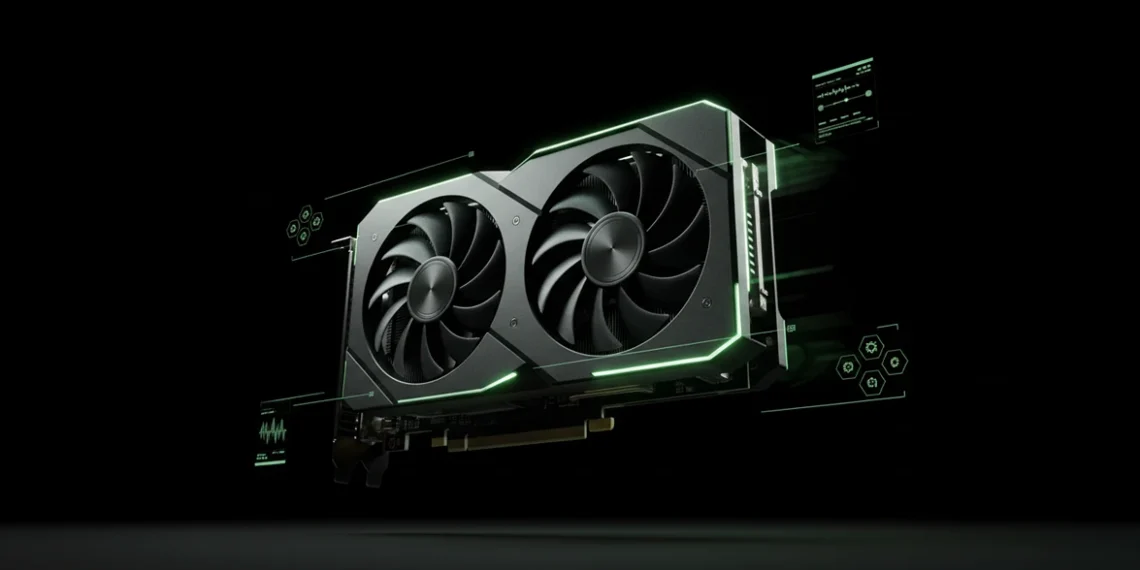 GPU floating in a dark scene with neon green holographic speed effects.