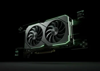 GPU floating in a dark scene with neon green holographic speed effects.