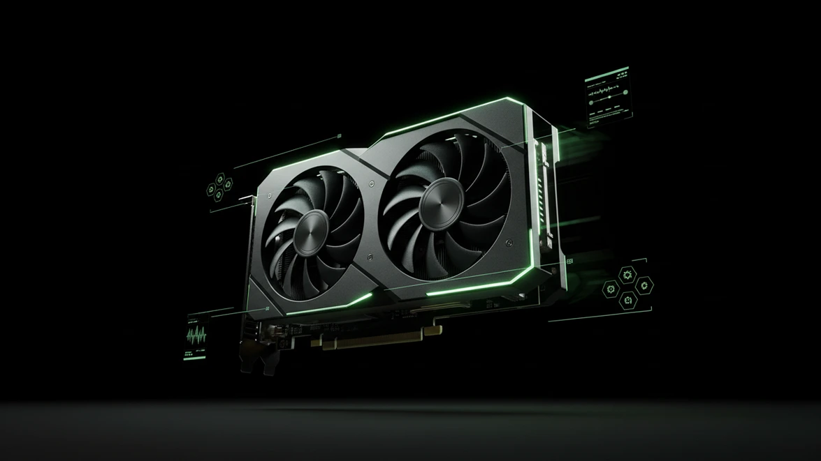 GPU floating in a dark scene with neon green holographic speed effects.