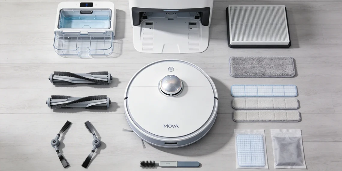 Top view of Mova V50 Ultra robot vacuum with dock, brushes, filters, mop pads, and accessories arranged on the floor.