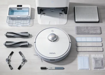 Top view of Mova V50 Ultra robot vacuum with dock, brushes, filters, mop pads, and accessories arranged on the floor.