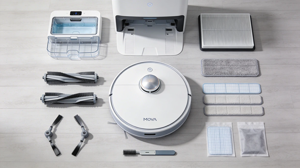 Top view of Mova V50 Ultra robot vacuum with dock, brushes, filters, mop pads, and accessories arranged on the floor.