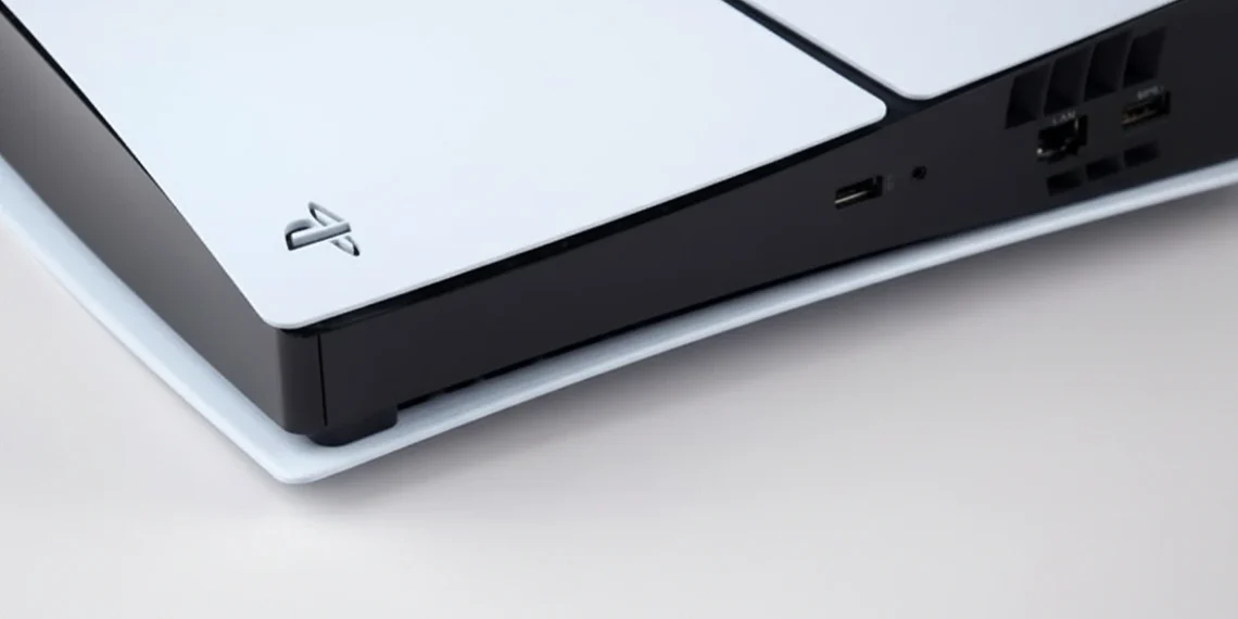 A close-up photograph captures the white outer panel and black center strip of a PlayStation 5 console on a neutral background.