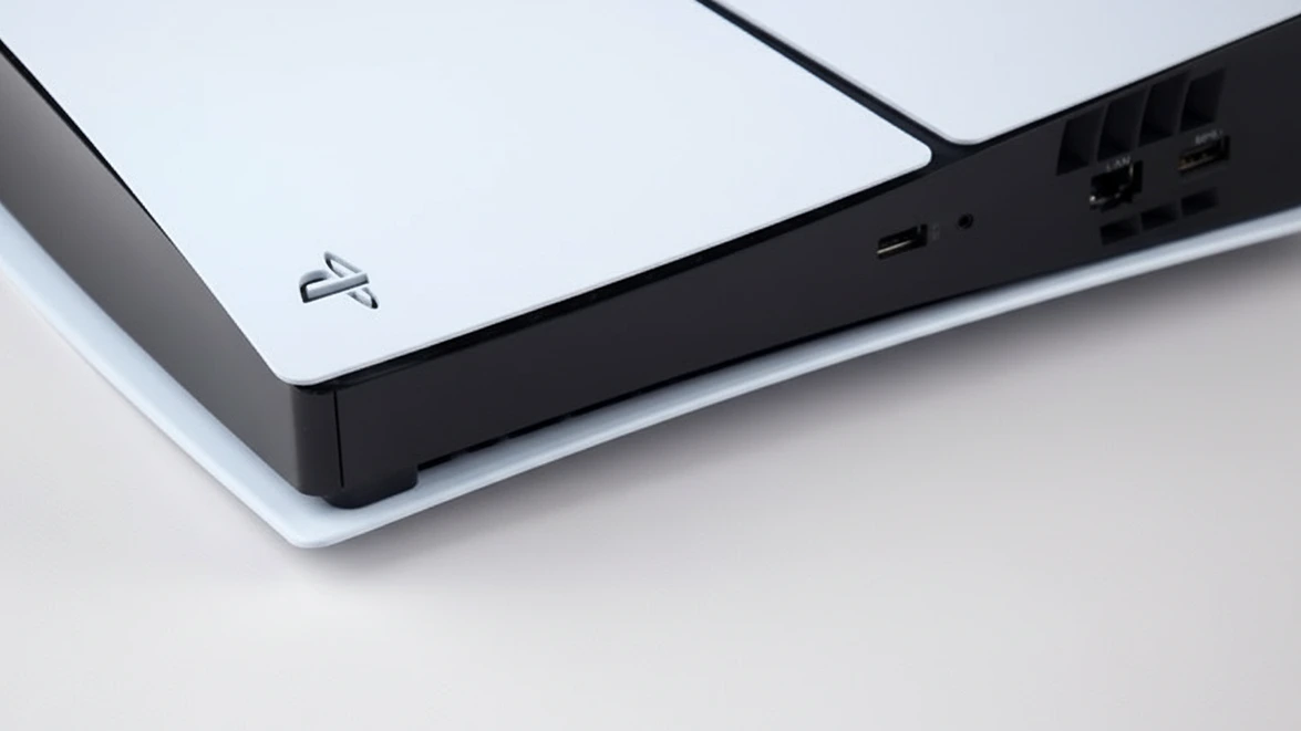 A close-up photograph captures the white outer panel and black center strip of a PlayStation 5 console on a neutral background.