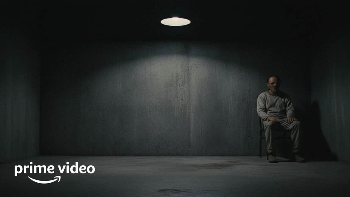 Figure in a restraint mask sits in a dark clinical cell under a spotlight.