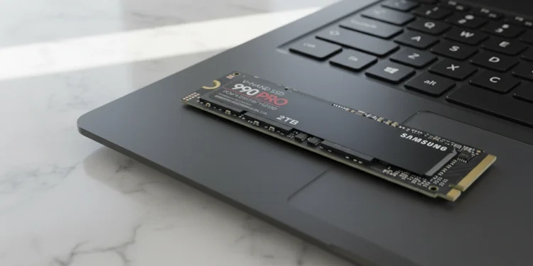 Samsung 990 Pro 2TB NVMe SSD sitting on a black laptop trackpad for a high speed storage upgrade