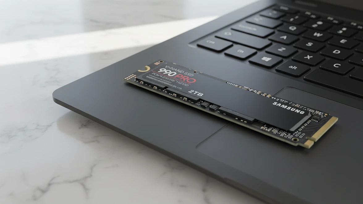 Samsung 990 Pro 2TB NVMe SSD sitting on a black laptop trackpad for a high speed storage upgrade