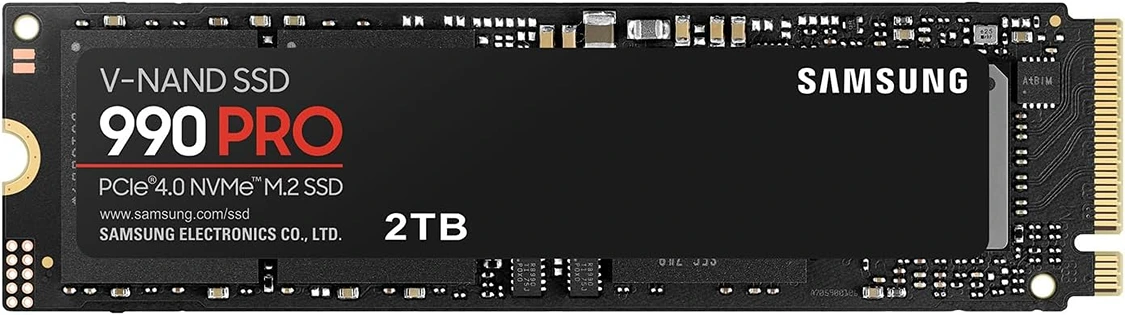 Top down view of the Samsung 990 Pro 2TB NVMe M.2 SSD showing the model label and circuit board.